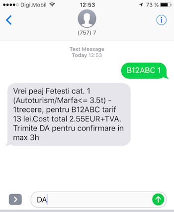 e-Tarif prin SMS la 7577 Taxa Pod Fetesti Cernavoda